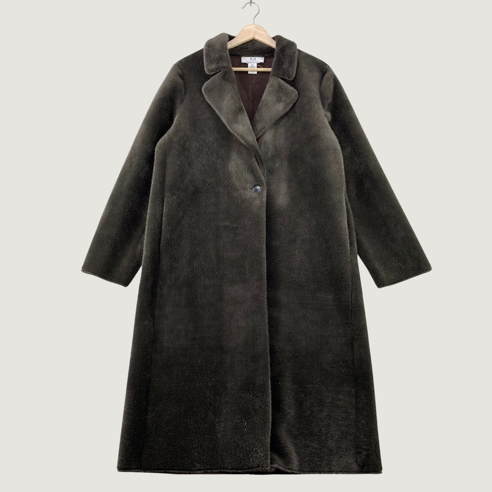 Magaschoni Trench Coat Womens Medium Brown Faux Fur Vegan Leather Old Money